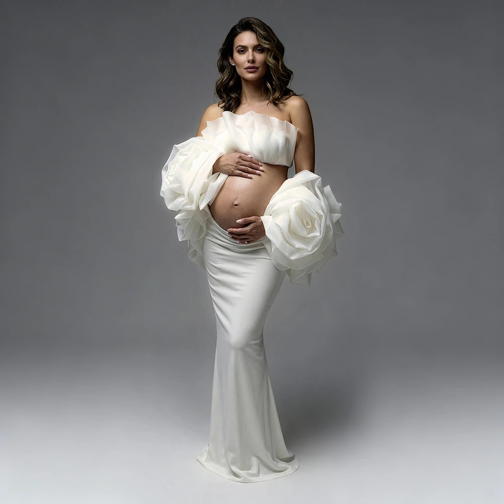 

Maternity Photoshoot Dresses Ivory 3D Floral Ruffled Organza Sleevebaby Shower Dress for Pregnant Woman Maternity Dress YW6325D