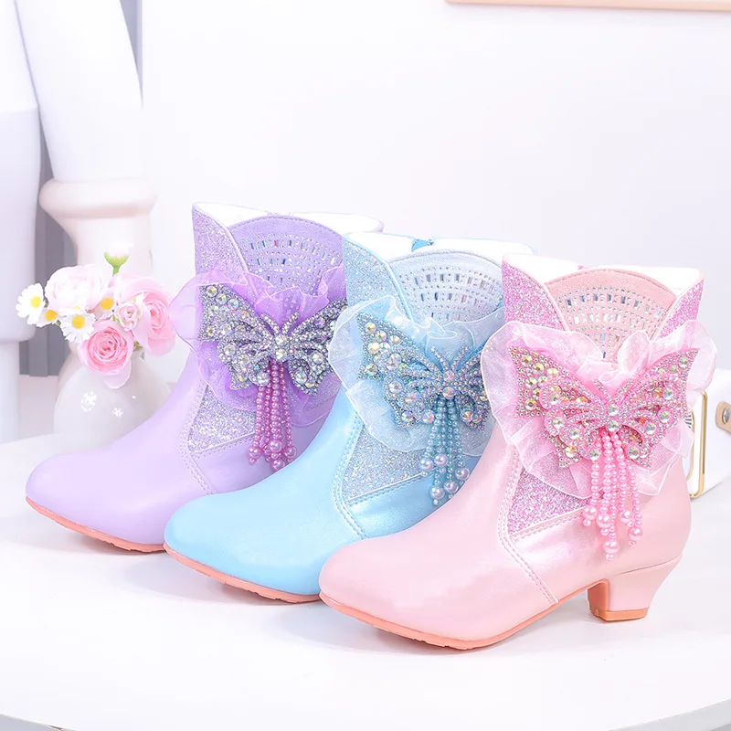 

2025 New Girls' Princess Boots Waterproof Non-slip High Heels Frozen Elsa Bow Fashion Plus Velvet Warm Children's Mid-calf Boots