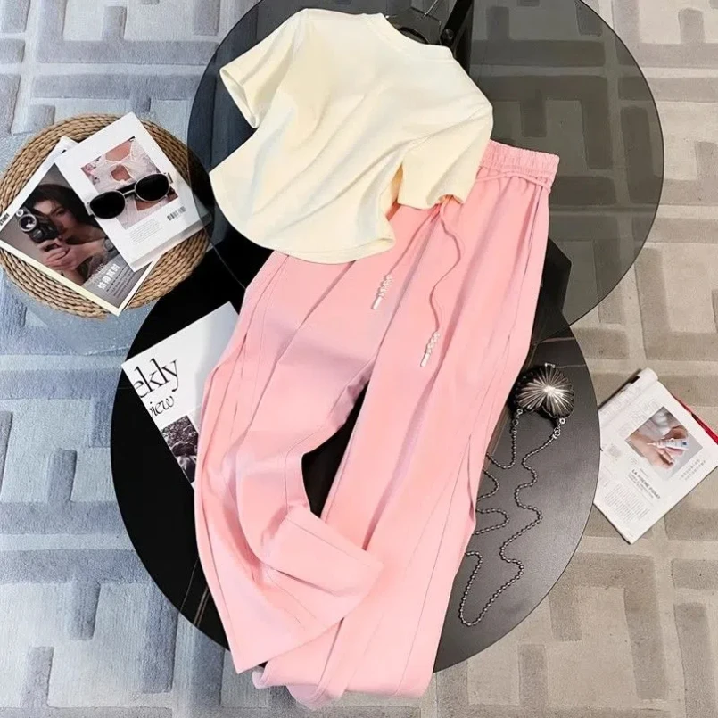Fashion Casual Sports Suit Women\'s Spring and Summer New Style Stylish Short Sleeved Top Pink Wide Leg Pants Two-piece Set