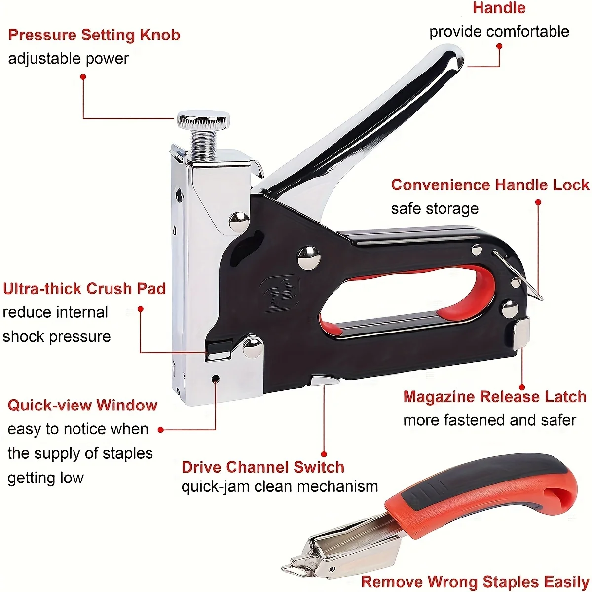 4 in 1 Staple Gun Heavy Duty with Staples Remover, Gloves, Manual Power Adjustment Stapler Gun for Wood Upholstery Carpentry DIY