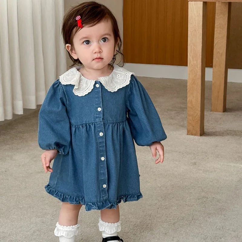 

New Autumn Dress for Girls Lace Collar Denim Dress Korean Style Solid Color Baby Girl Dress Kids Fashion Casual Dress