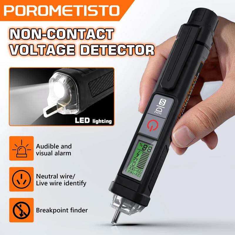 

POROMETISTO VD01 Non-Contact Voltage Detector AC 12-1000V Voltage Tester Pen Circuit Tester Smart Breakpoint Finder LCD Display