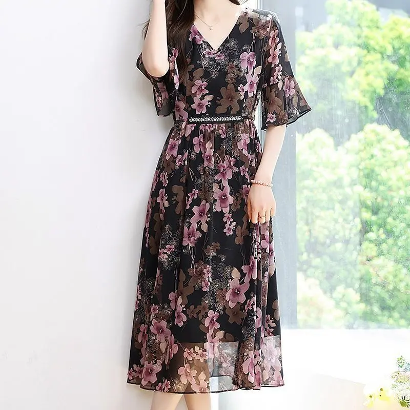 السيدات الخامس الرقبة الأزهار الشيفون فساتين قصيرة الأكمام الصيف مزاجه مشد ميدي اللباس الكورية الطباعة جيب فستان زهري المرأة #4