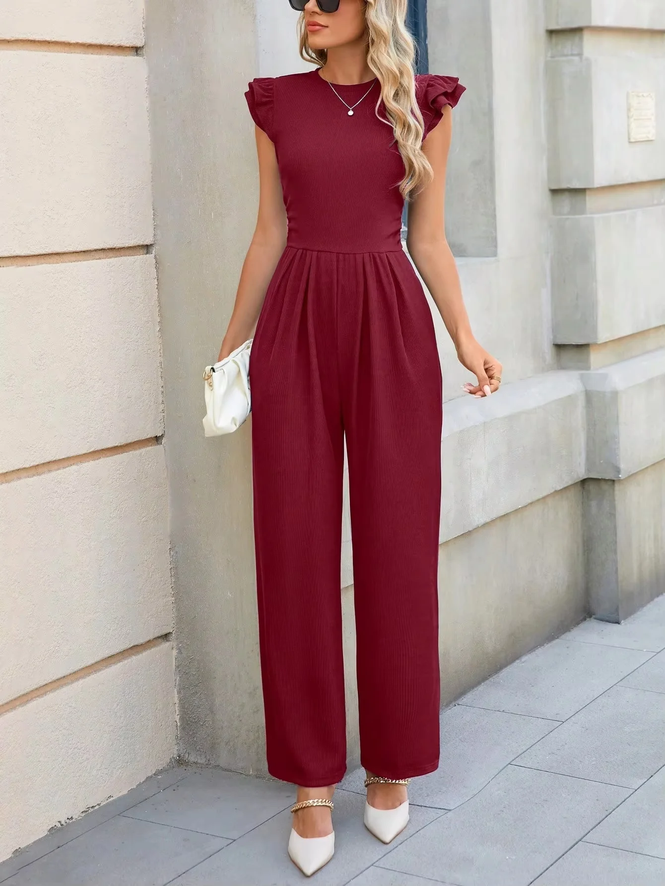

Spring Summer Solid Color Women's Romper Wide Leg Pants Dress Casual Elegant Lightweight Machine Washable One-Piece Suit