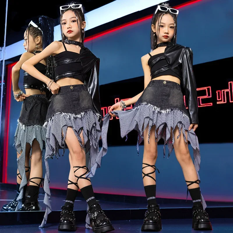 Disfraz de Hip Hop para niñas, cubierta de media manga de cuero, falda Irregular para niños, ropa de Jazz, conjuntos de escenario de baile callejero