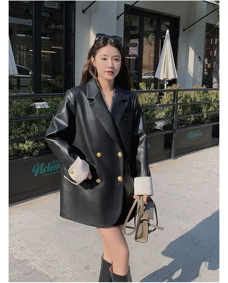 Chaqueta de cuero PU negra de alta gama para mujer, versión coreana de primavera y otoño 2025, diseño suelto e informal, traje bloqueado de Color T