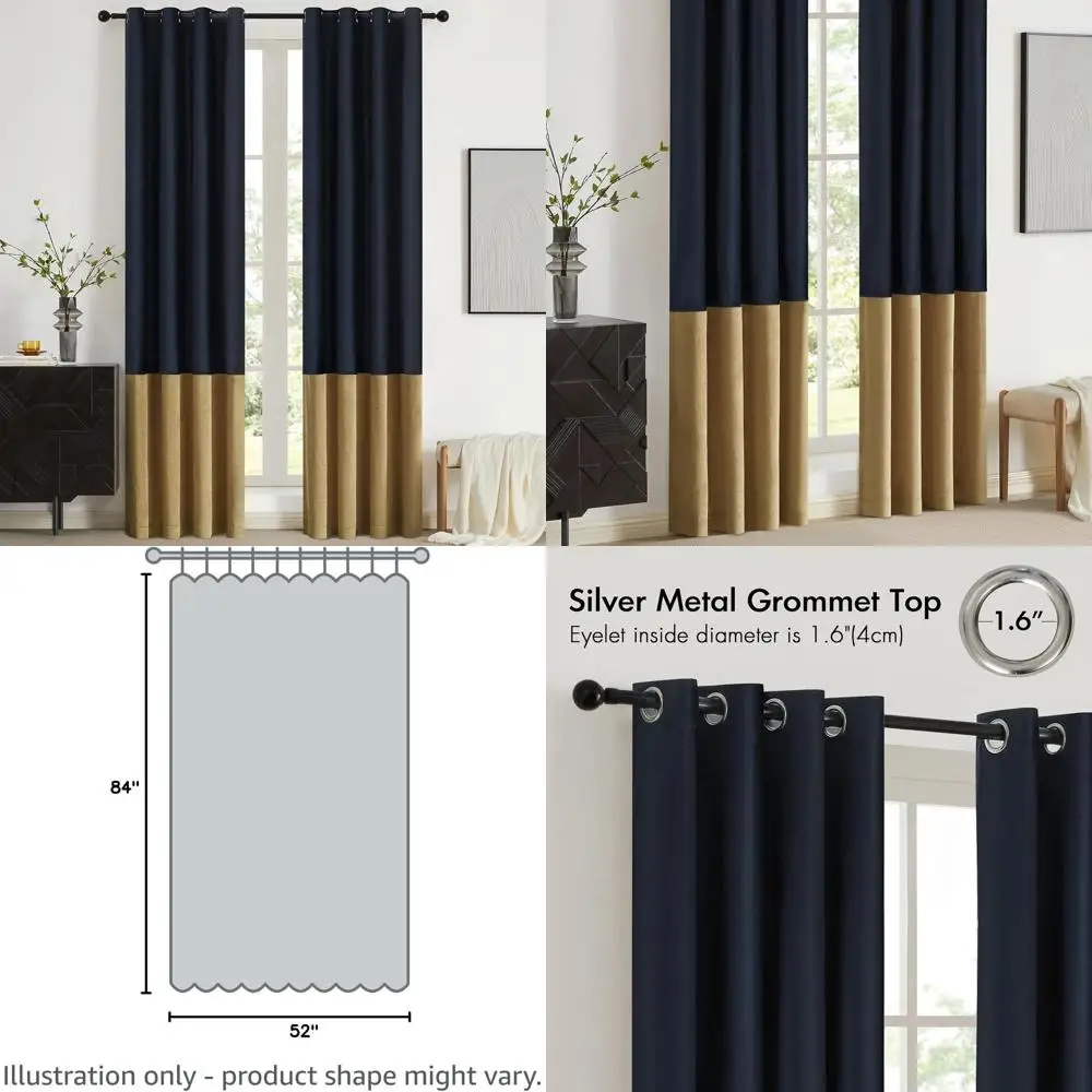 

Navy Blue and Gold Velvet Curtains 84 Long for Farmhouse Style, Set of 2 with Grommet for Darkening