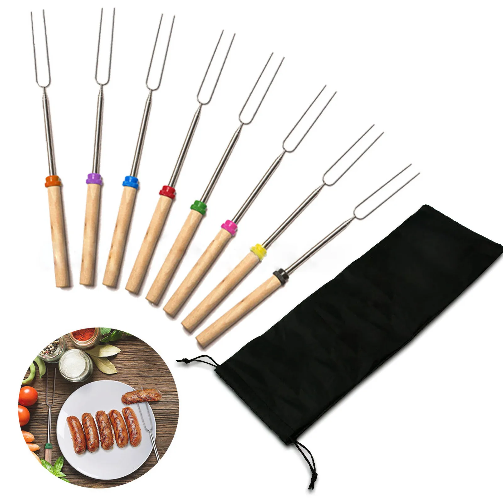 

Bbq Handle Steel 8color Barbecue Stainless Fork With Retractable Wooden U-Shaped Kitchen，Dining Wooden Stir Sticks For Cocktails