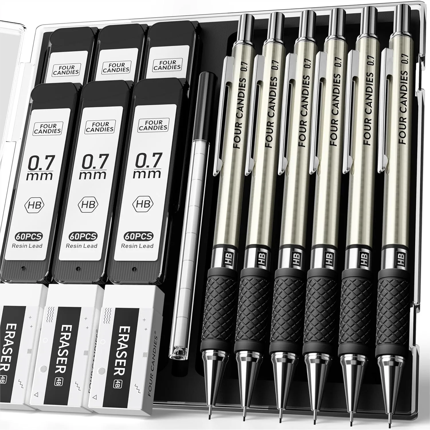 

6PCS Metal Mechanical Pencil Set 0.7mm with 360 Lead Refills & 12 Erasers for School Writing Sketching Drawing Drafting