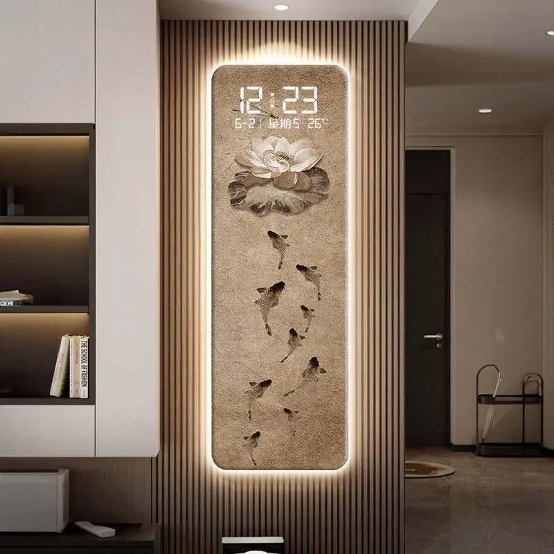 Horloge murale de salon de style chinois, écran électronique, peinture murale suspendue, lumières, décoration de salle de thé, lampe murale LED