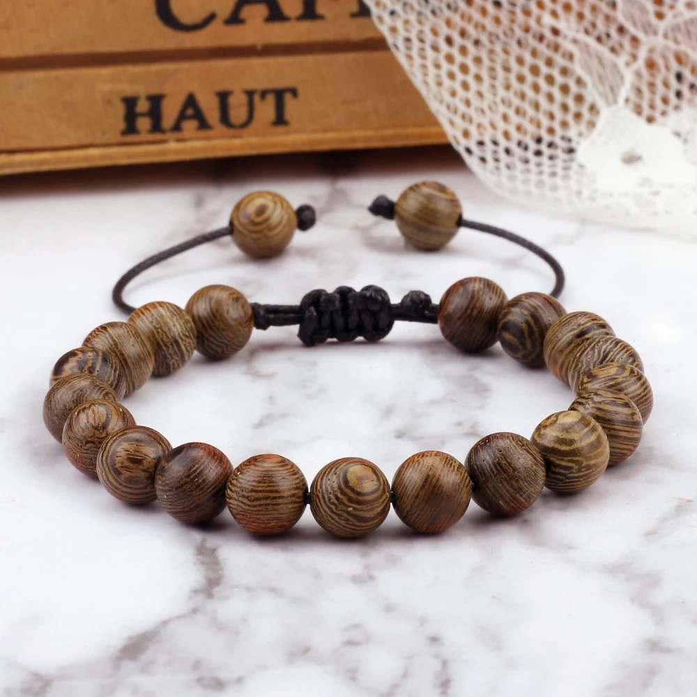 8mm New Natural Wood Braided Bracelets Men Adjustable Meditation Stone Beads Bracelet Women Prayer Jewelry Yoga Bracelet Homme