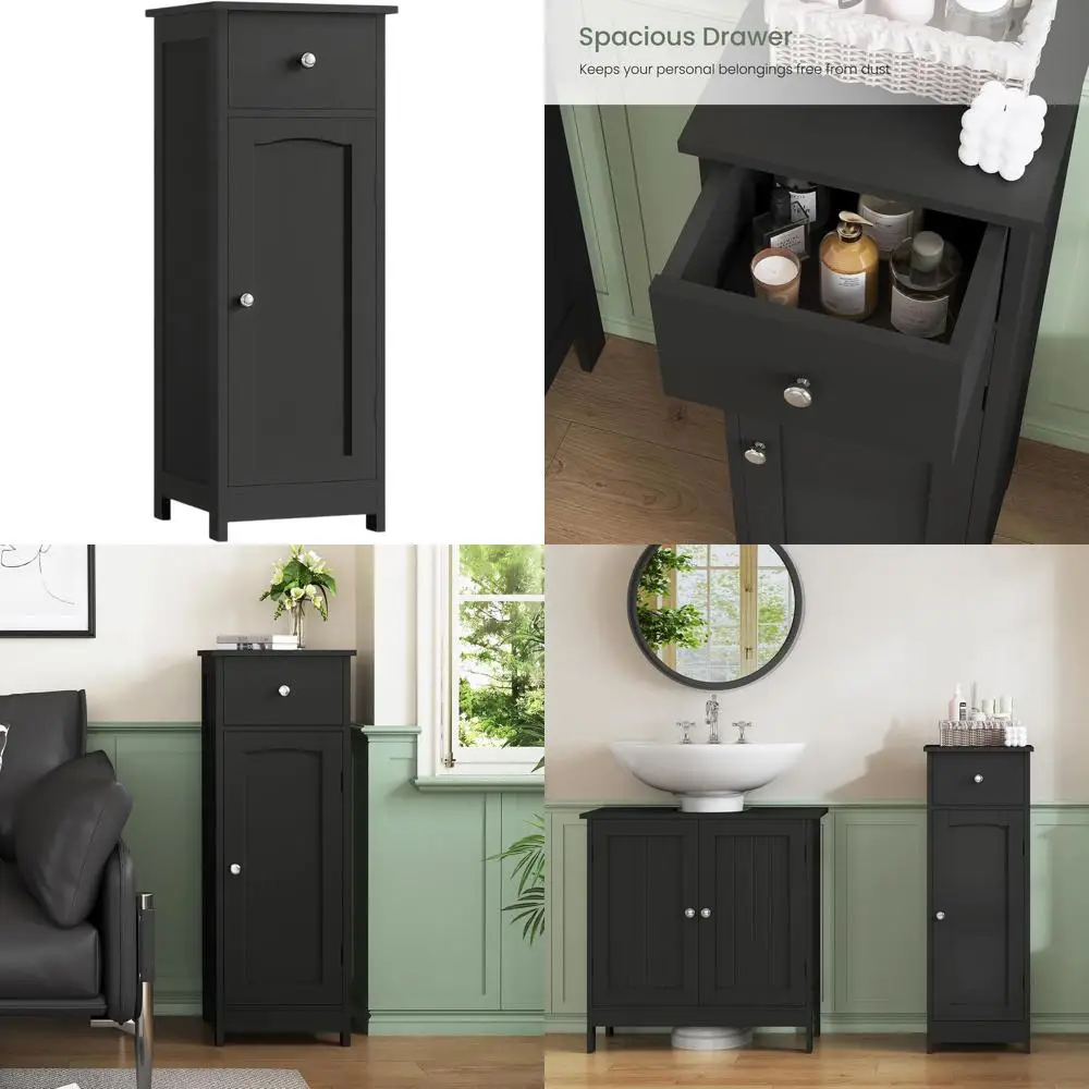

Free-Standing Storage Cabinet for Small Bathrooms with Door and Shelves, Ideal for Hallway or Living Room, Black