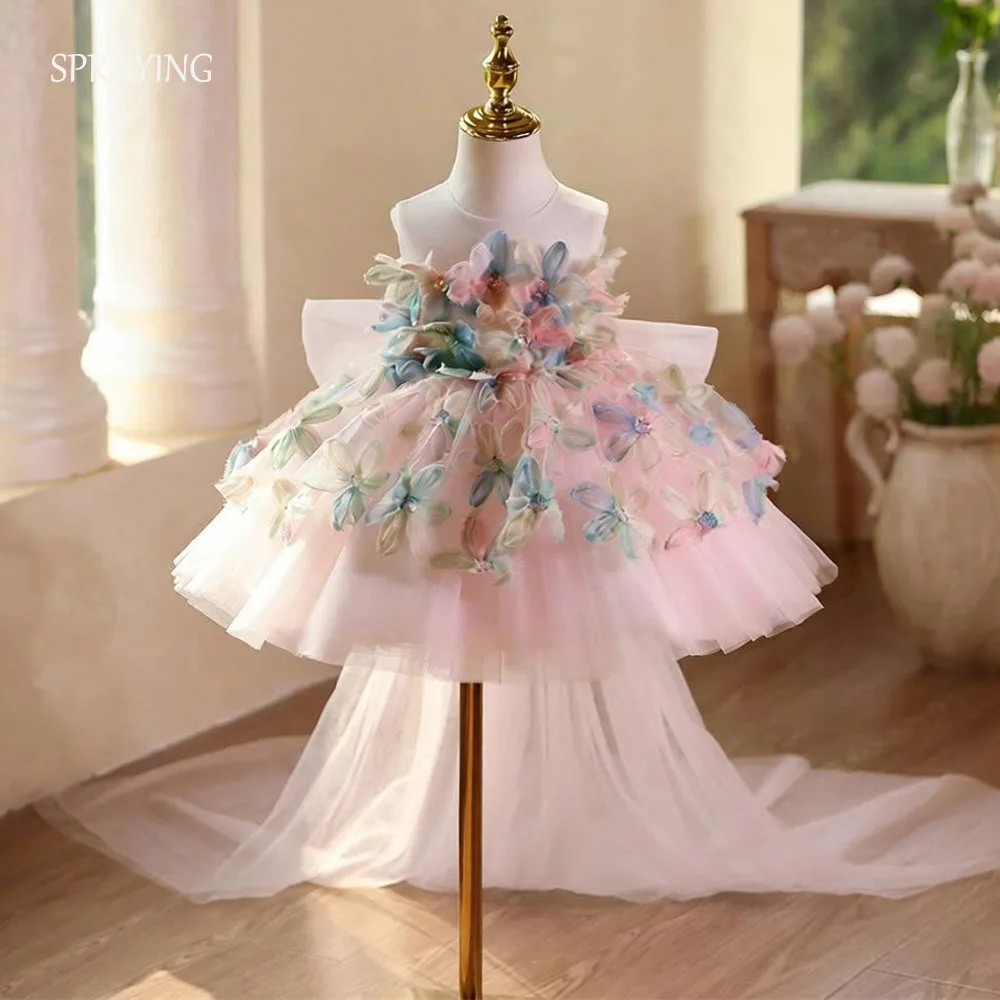 SPRAYING Luxury Lace Flower Mini Girl Dresses O Neck Pink Tulle Children Prom Gown Short Back Bow Birthday Gown Customized 2026