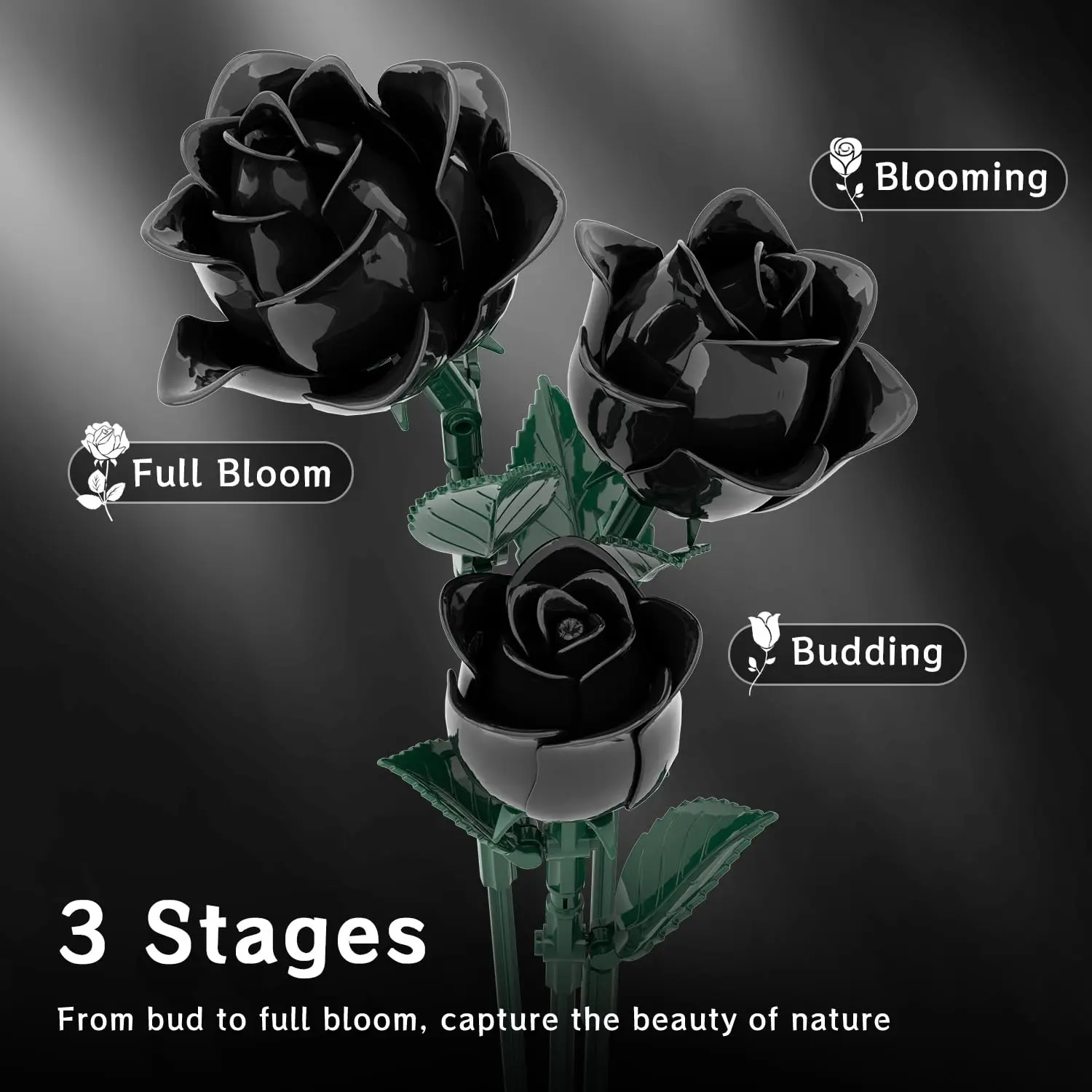 12PC Black Rose Building Block Plant Bouquet Simulated Roses Flowers Gothic Decoration Home Display Adult Holiday Gifts Toys view 3