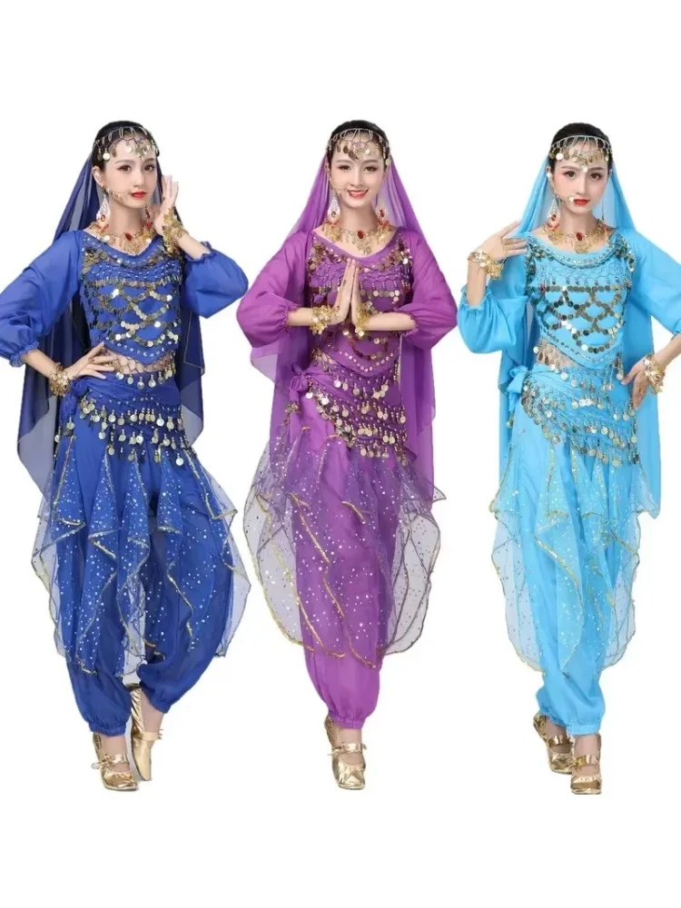 Tenue de danse du ventre brillante pour adultes, ensemble haut à paillettes + pantalon pour femmes, vêtements de princesse arabe de danse orientale et indienne