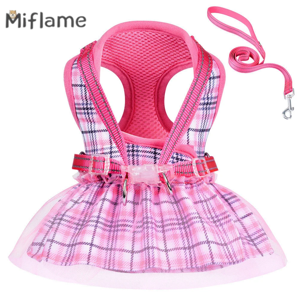 Miflame Cute Pet Pink Bird Checker Yarn Dress Summer Small Dogs Chest Strap Chihuahua Schnauzer Teddy Convenient Clothing