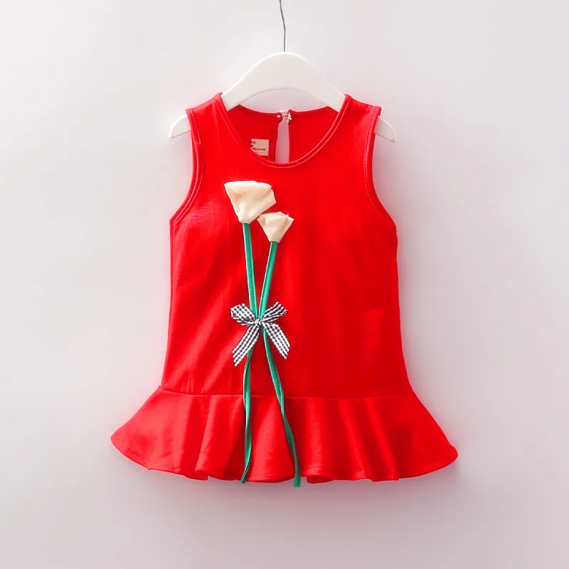 Summer Fashion Red Sleeveless Shirred Ruffles Toddler Dress Korean Style Sweet Cute Flower Solid Color Casual Baby Girl Dress
