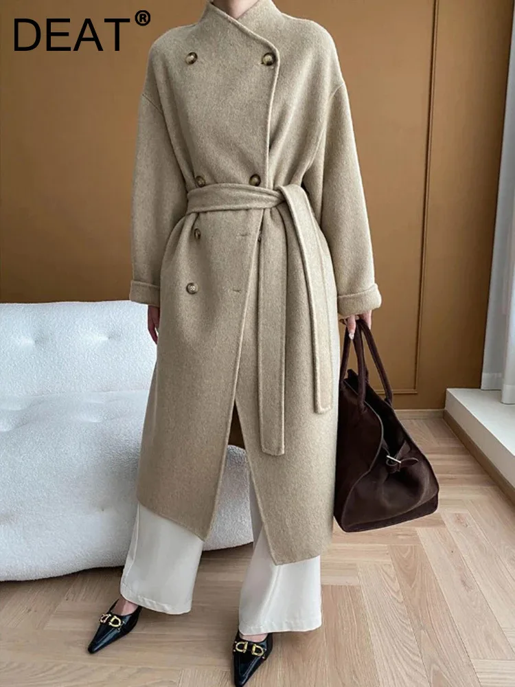 

DEAT Fashion Women's Double-side Woolen Coat Round Neck Loose Double Breasted Camel Sashes Overcoat Winter 2024 New 7AB5191