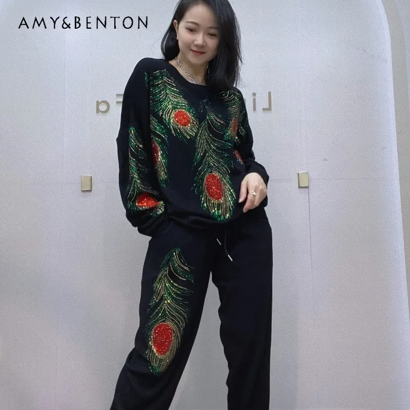 Spring And Autumn New Knitted Suit Women's Heavy Industry Diamond Drills Long Sleeves Hoodies Pants Fashion Two-piece Set Female