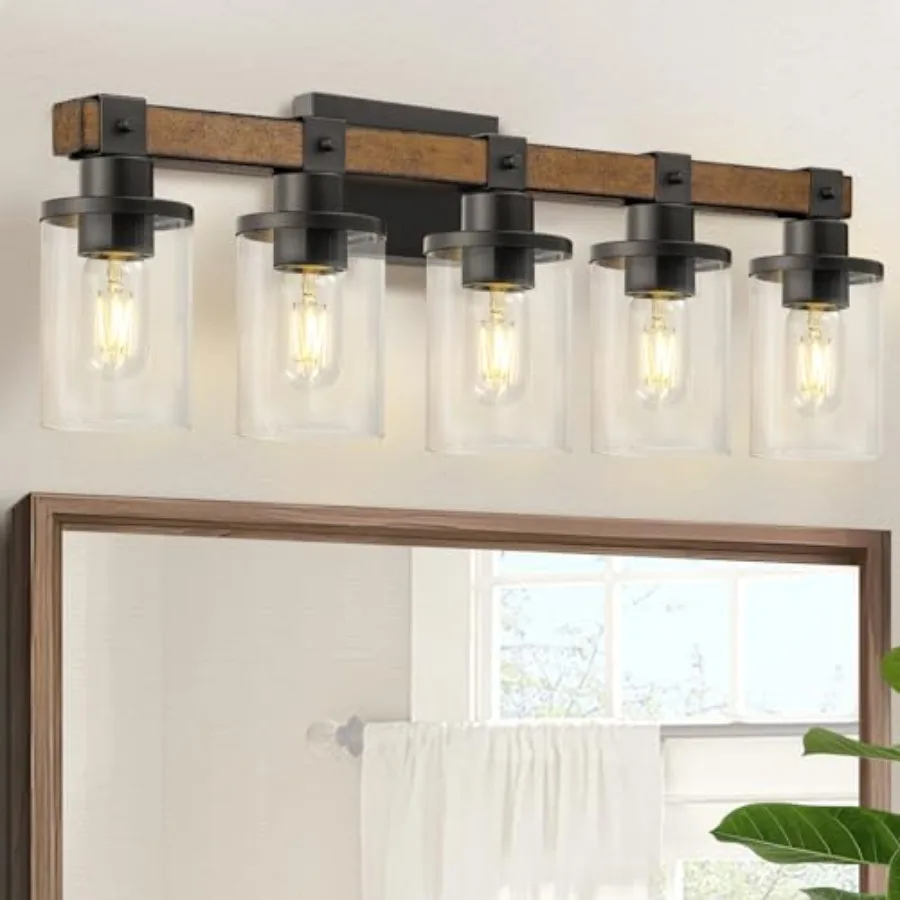 

5-Light Bathroom Light Fixture Farmhouse Vanity Lights for Bathroom with Glass Shade Rustic Bathroom Light Fixtures E26 Base F1