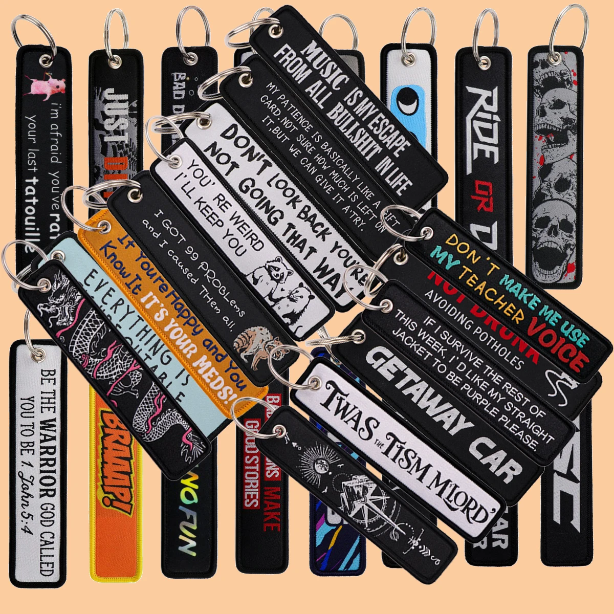 1pcs Skeleton Quotation Embroidered Keys Tag For Women Car Motorcycles Keyring Keys Holder Accessories Friends Gifts