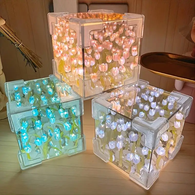 Tulip Mirror Cube Lamp Simulation Flower Bedroom Sleeping Table Lamp Handmade Craft Tulips Mirror Decor Night Light Birthday