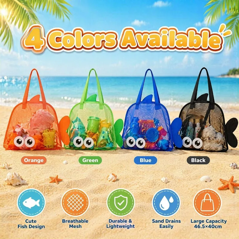 Mesh Beach Storage Bag Cute Fish Shape Large Capacity Quick Dry Net Tote for Pool Sand Shell Collecting Foldable Lightweight Bag