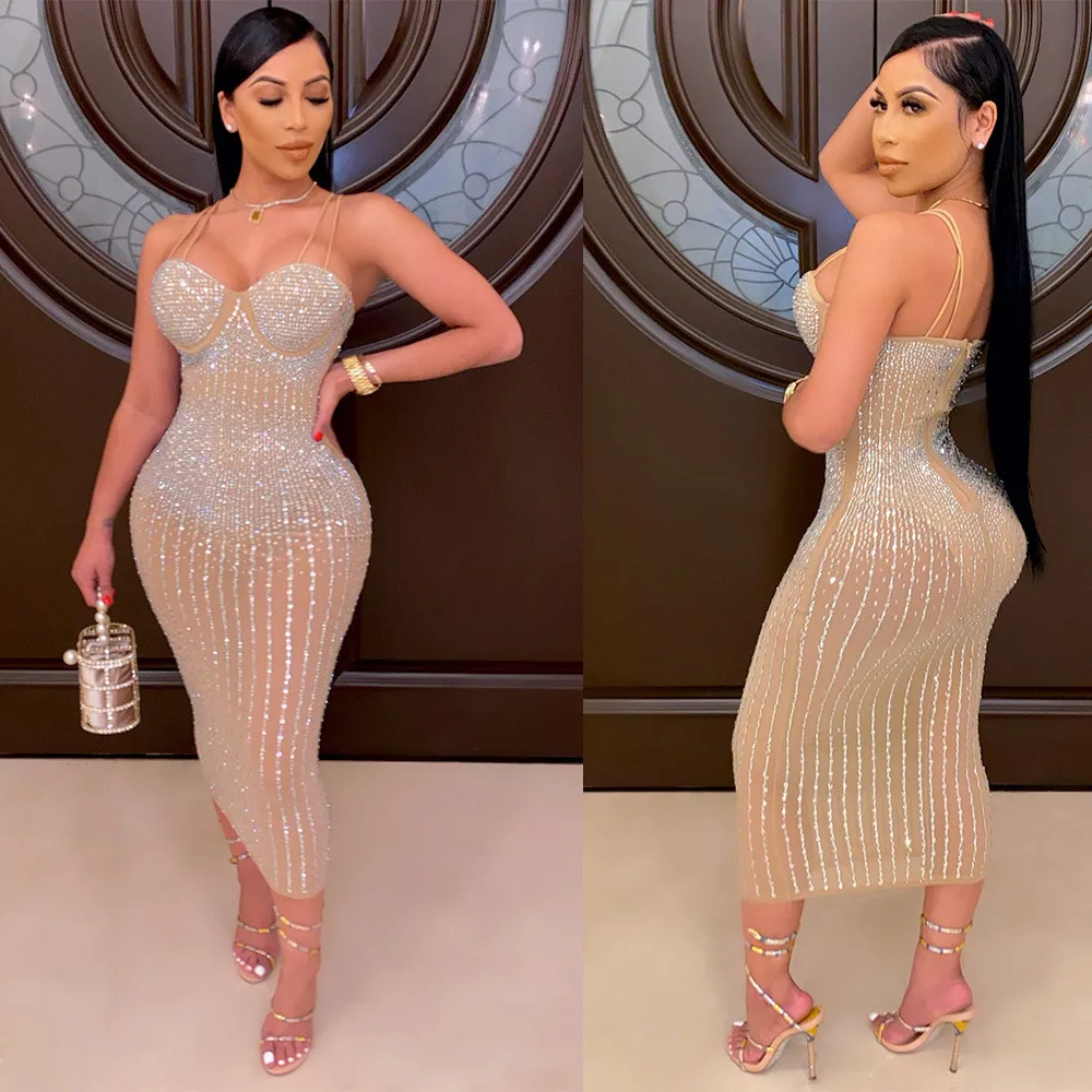 Vestido Ajustado con Adornos de Diamantes y Hombros Descubiertos, Estilo Coreano, Cintura Alta, Manga Larga, Vestido Maxi con...