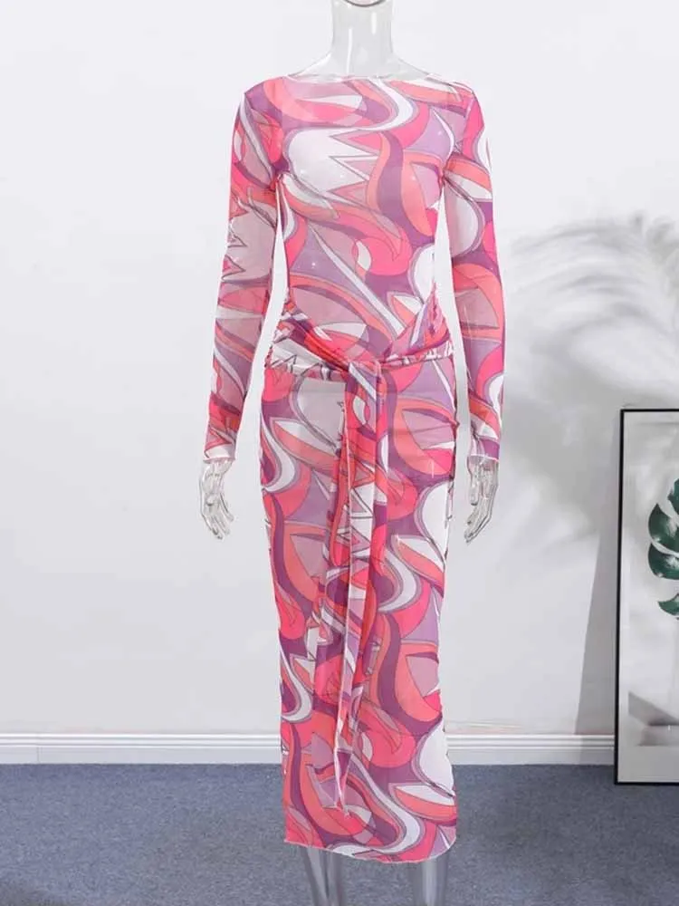 MCDV Abito sexy in maglia con stampa con lacci Donna Chic O-Collo Manica lunga Aderente Abiti maxi trasparenti 2025 Autunno Lady Beach Vacation Robe