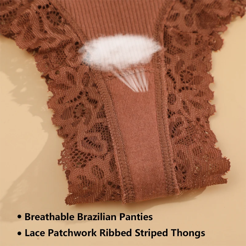 6шт Женское Хлопковое Кружевное Белье Сексуальные Дышащие Бразильские Трусики Девушки Ребристые Полосатые Стринги Мягкие Твердые G-стринги Белье