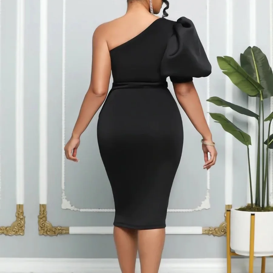 Sexy Party Dresses Women New One Shoulder Short Sleeve Ruffles Sheath Package Hips Mid Calf Elegant Birthday Night Clothes Dress