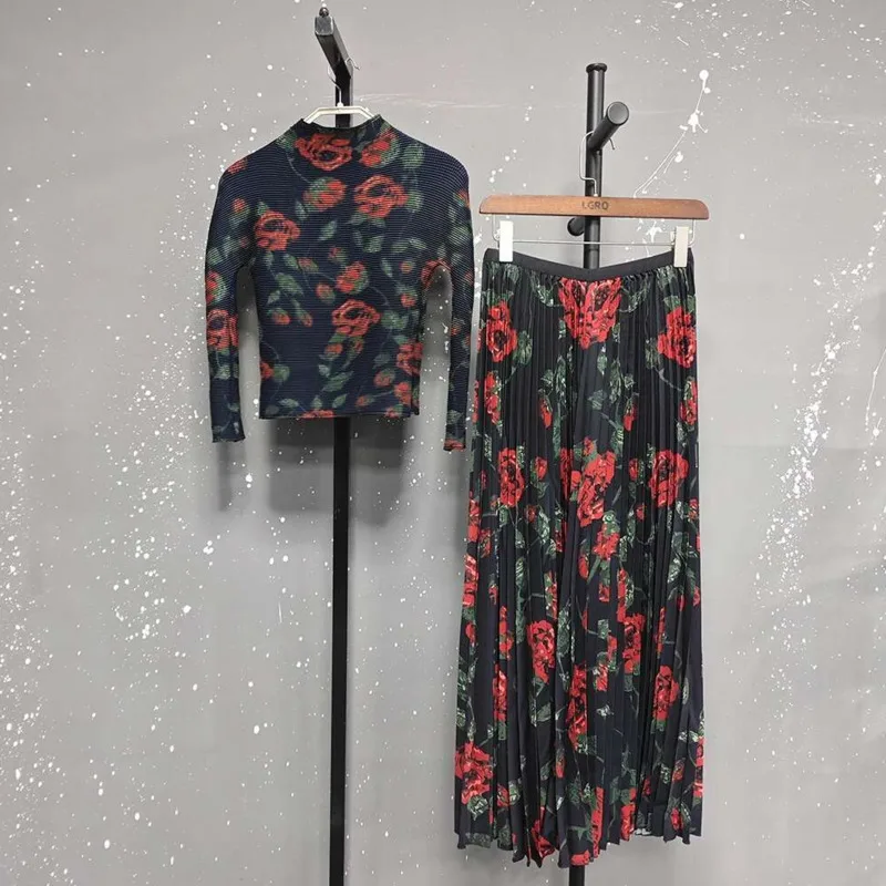 HKSH الخريف جديد المرأة العصرية تنورة زهرة مطبوعة مطوي ألف خط التنانير طويلة الأكمام نصف الياقة المدورة أنيقة شيك تي شيرت HK10603