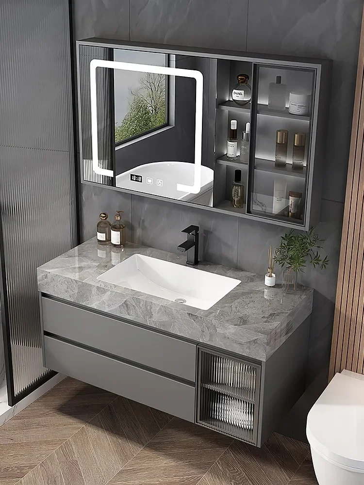 

Bathroom Cabinet Rock Ceramic Sink Floating Bathroom Vanity Wall Mounted Led Mirror Vanity with Sintered Stone Countertop Toilet