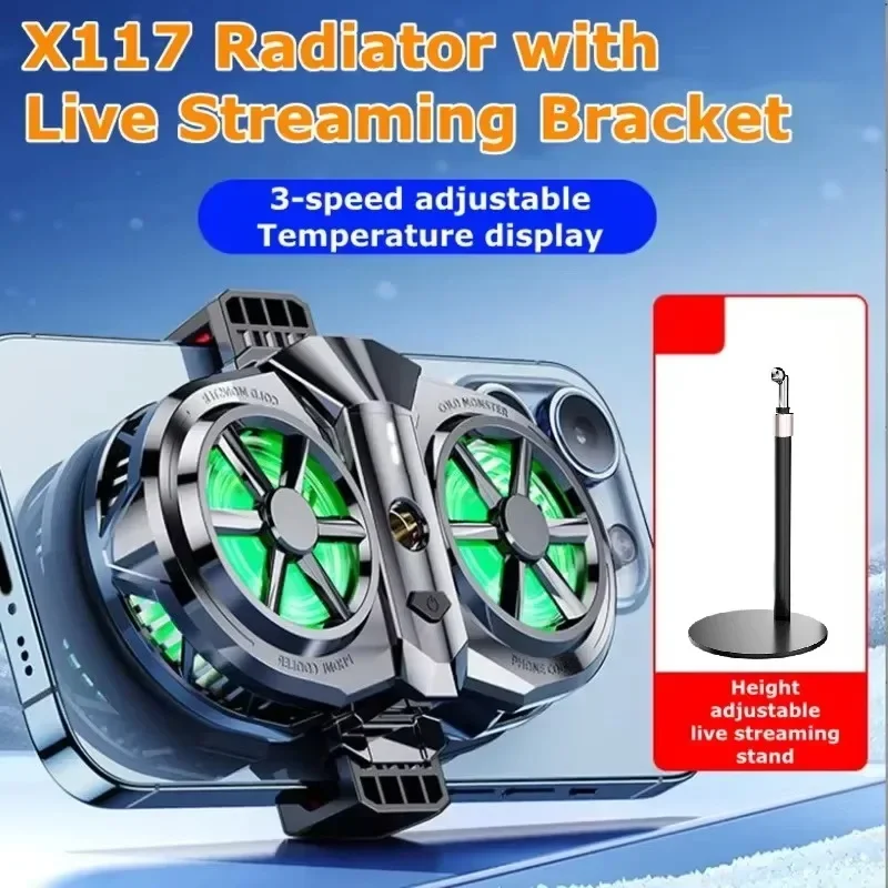 

X117 Mobile Phone Dual Cooling Fans Semiconductor Cooling Radiator 3 Gears Adjustable with Digital Display Live Streaming Cooler