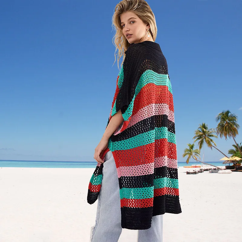 2021 ผู้หญิงไม่สม่ําเสมอตัดกันสีVคอห้าไตรมาสแขนHollowed Out Beachบิกินี่เสื้อป้องกันแสงแดด