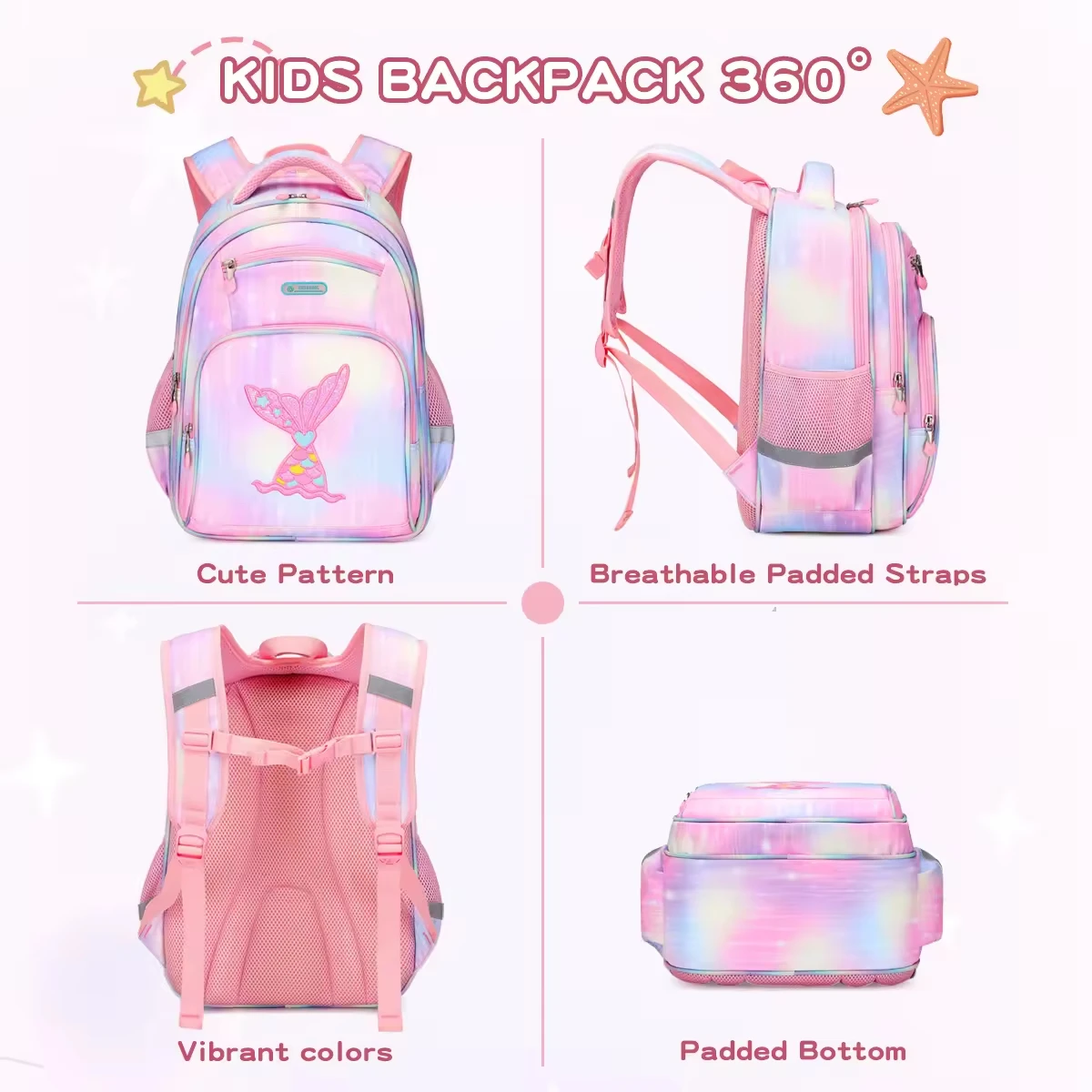 AOK New Arrival Pink Fish Tail Child Kids Girls Book School Bag Backpack Primary School Students Mochilas