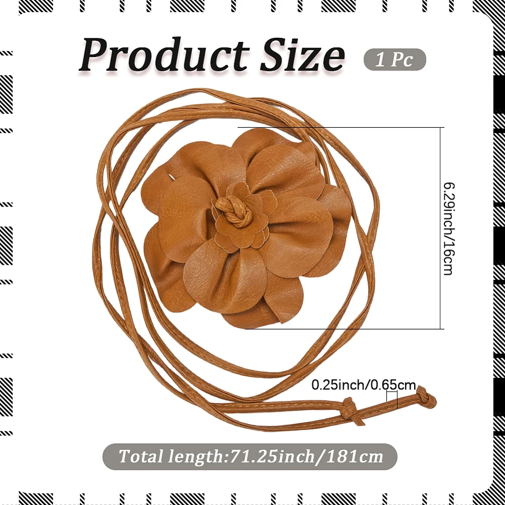 0.3 Inch Big Flower Decor Skinny Waistband Brown Boho Flower PU Leather Waist Belt Thin Elegantes Belts Slim Leather Rope Tassel