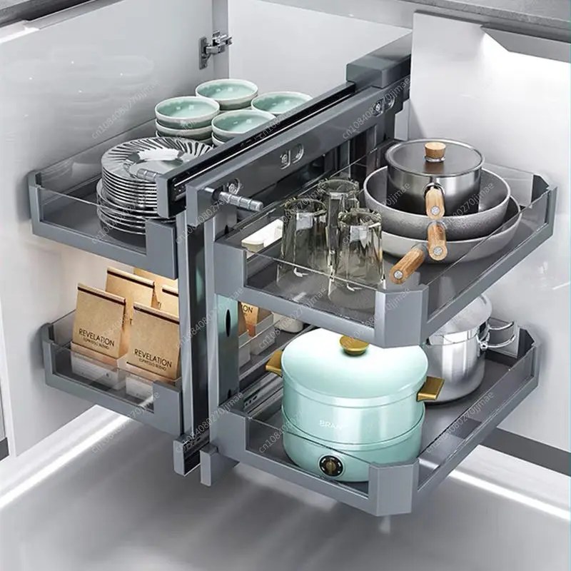 Corner Basket Kitchen Cabinet Corner Built-in Seasoning Dish Rack Rotating Full Open Pull Out Little Monster House Dish Rack