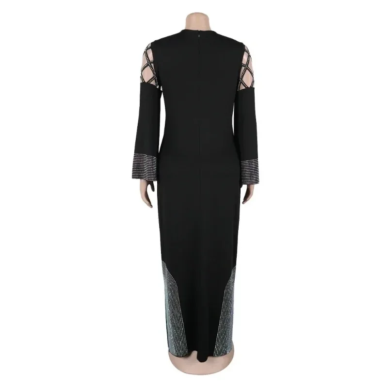 Customized 2025 Black Shiny Loose Dress Elegant Rhinestone Long Sleeved Loose Side Slit Maxi Dresses Sexy Hollowed Out Birthday
