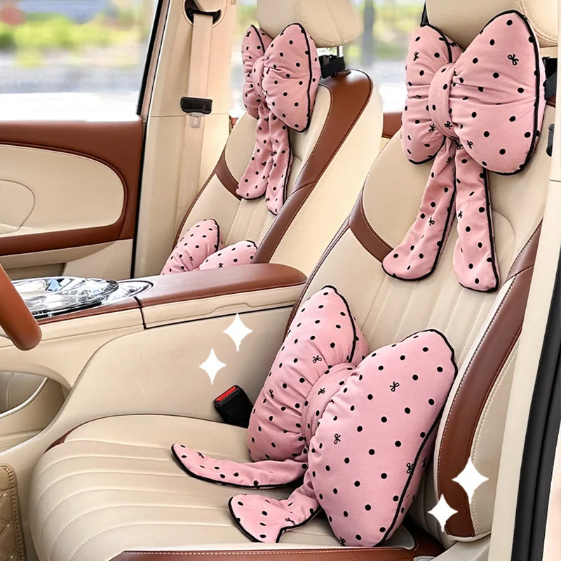 

New Polka Dot Bow Car Headrest Lumbar Pillow Summer Universal Comfortable For Office Chair Home Decoration Car Accessories