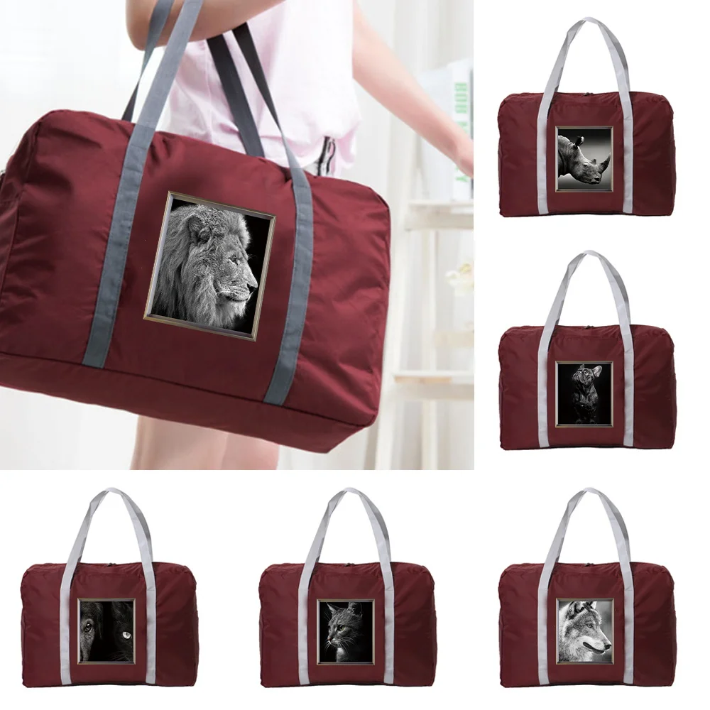 

Luggage Handbags Large Capacity Organizers Foldable Clothes Storage Animal Series Printing Pattern Wine Red Duffle Carry Bags