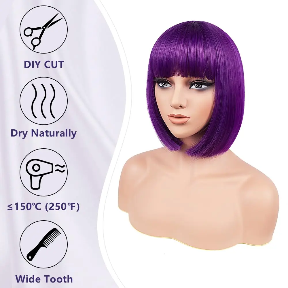 Purple Bob Wig, Synthetic Hair, Party Halloween Cosplay Costume Wig, Daily Use High-Temperature Resistant Hairpiece