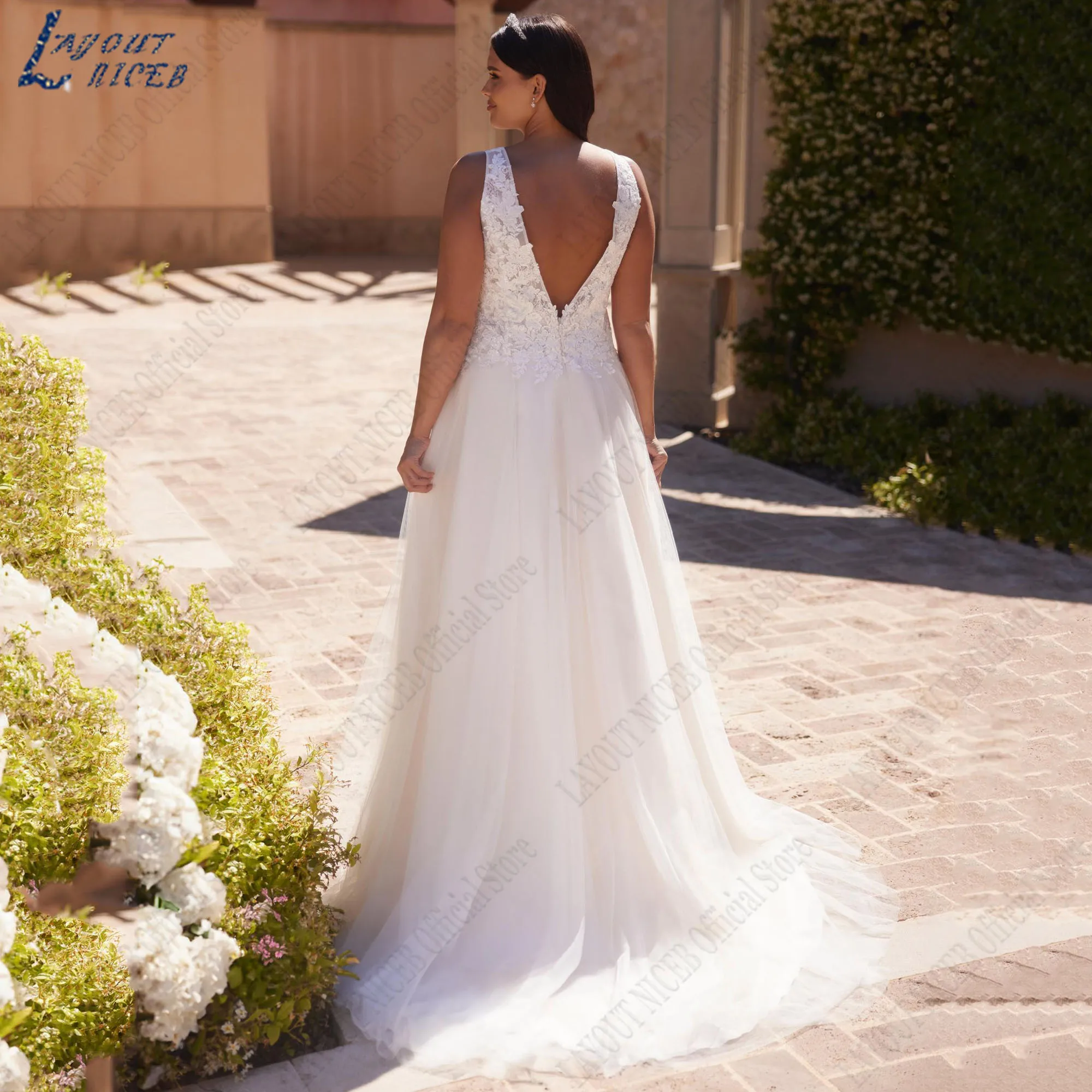 NICEB-Robes de mariée en tulle, col en V, appliques, grande taille, fibra A-Line, boutons dos nu, Appliques col V 2024 grande taille sans manches a - ligne tulle robe de mariée dos nu boutonné robe de mariée