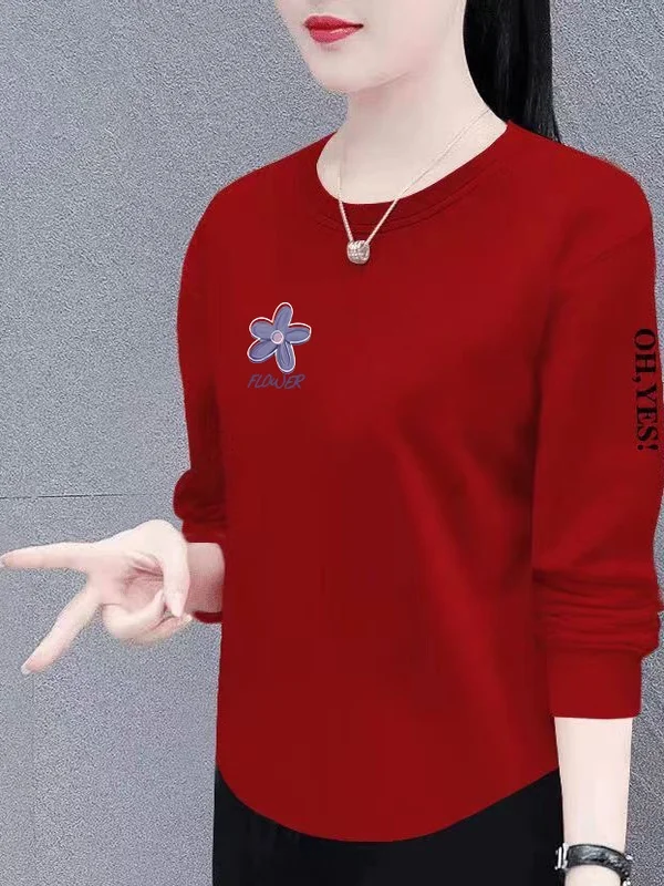 

Elegant Long Sleeve Mommy T-Shirt for Middle-Aged And Elderly Women Loose Fit Warm Polyester Spring Autumn Fashion Casual Wear