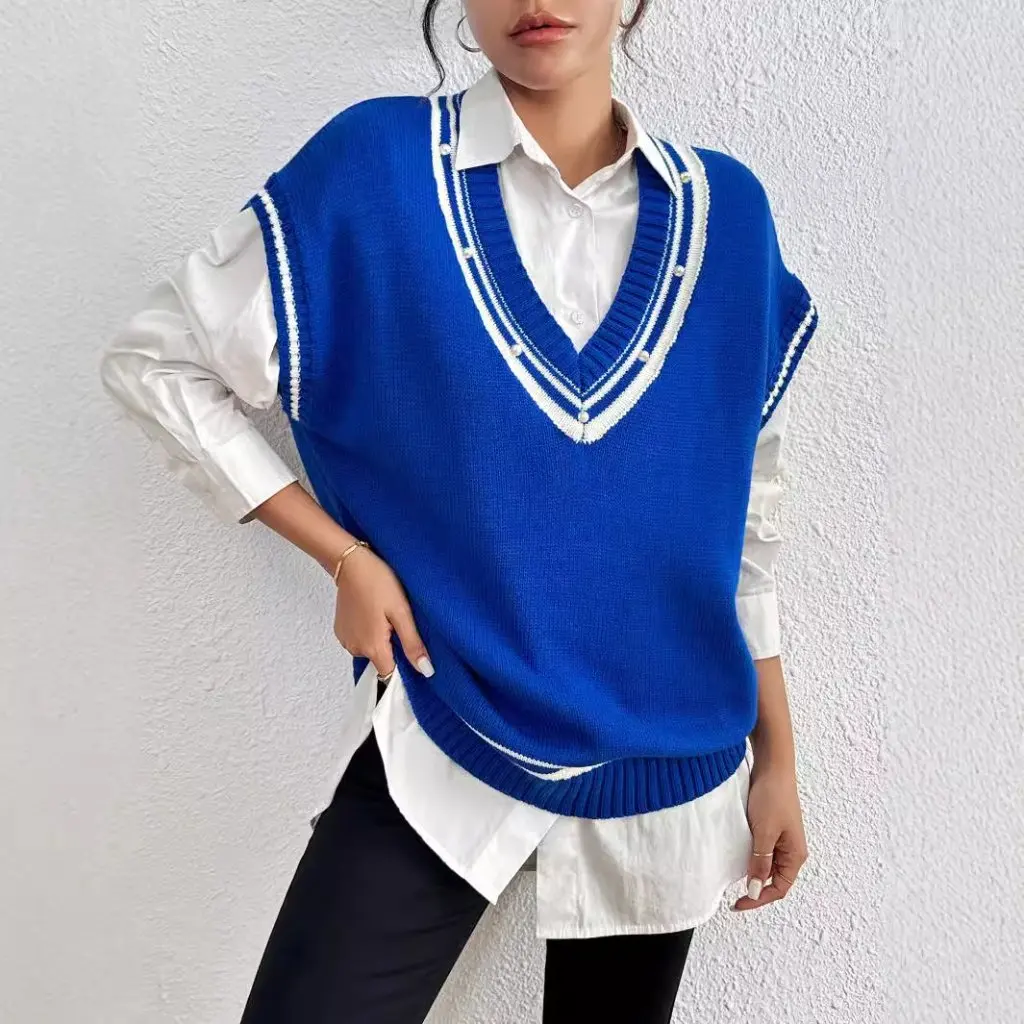 

Women's College-Style Deep V-neck Vest Contrast Color Stripe Stitching Beaded Sweater Vest European American Fashion