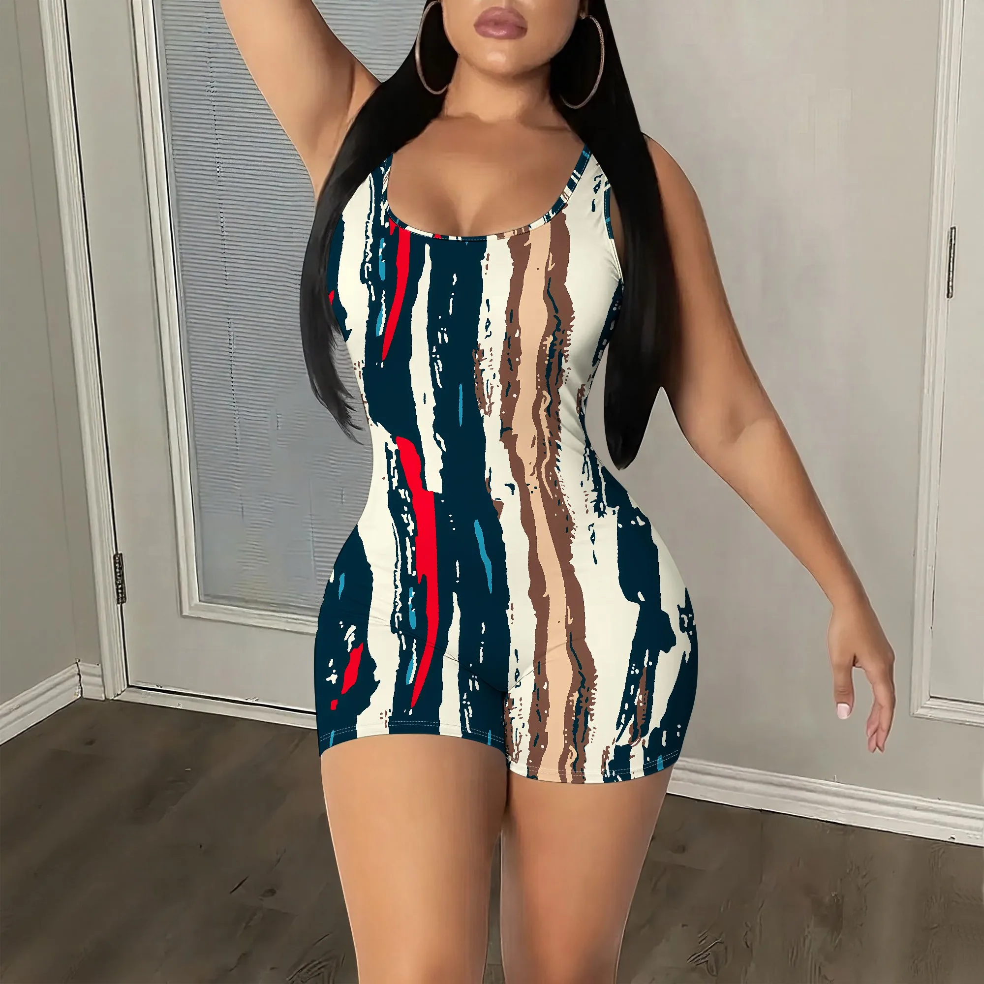 

Abstract Striped Print Sleeveless Bodycon Romper, Brushstroke Pattern Jumpsuit, Clubwear Party Outfit for Women, S-2XL