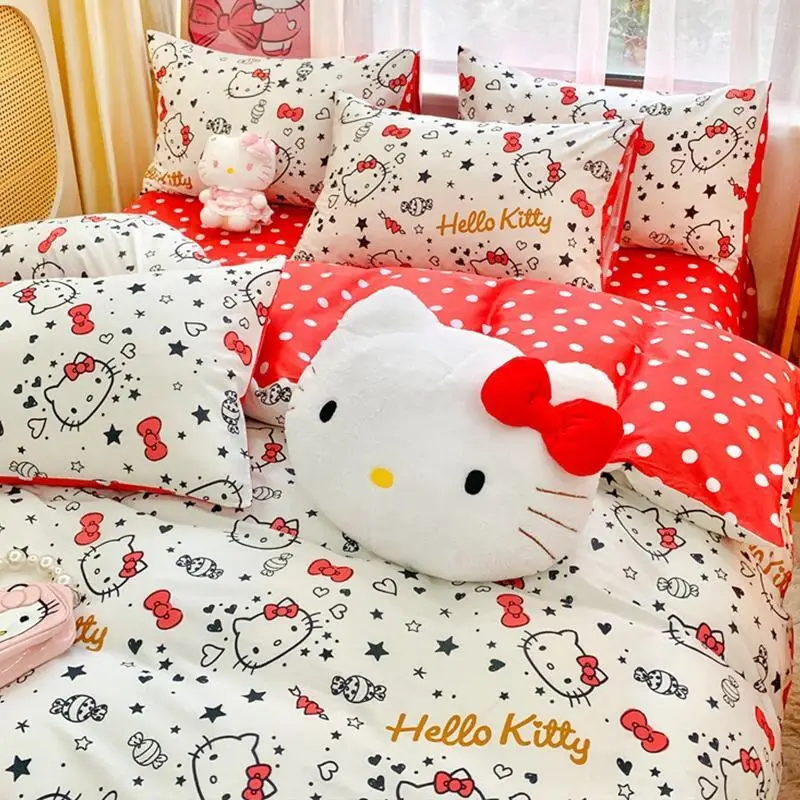 Sanrio Hello Kitty Bedding Set Cute Cotton Four Piece Double Queen Size  Bed Linens Pillowcase Girl Dorm Textile Bedclothes Home