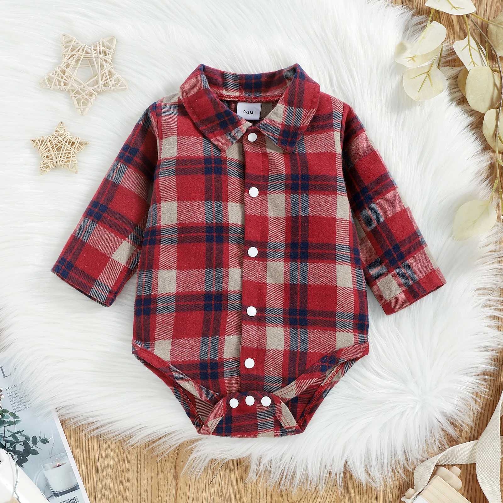 PatPat Christmas 2pcs Baby Red Plaid Long-sleeve Shirt Romper and 100% Cotton Denim Overalls Set