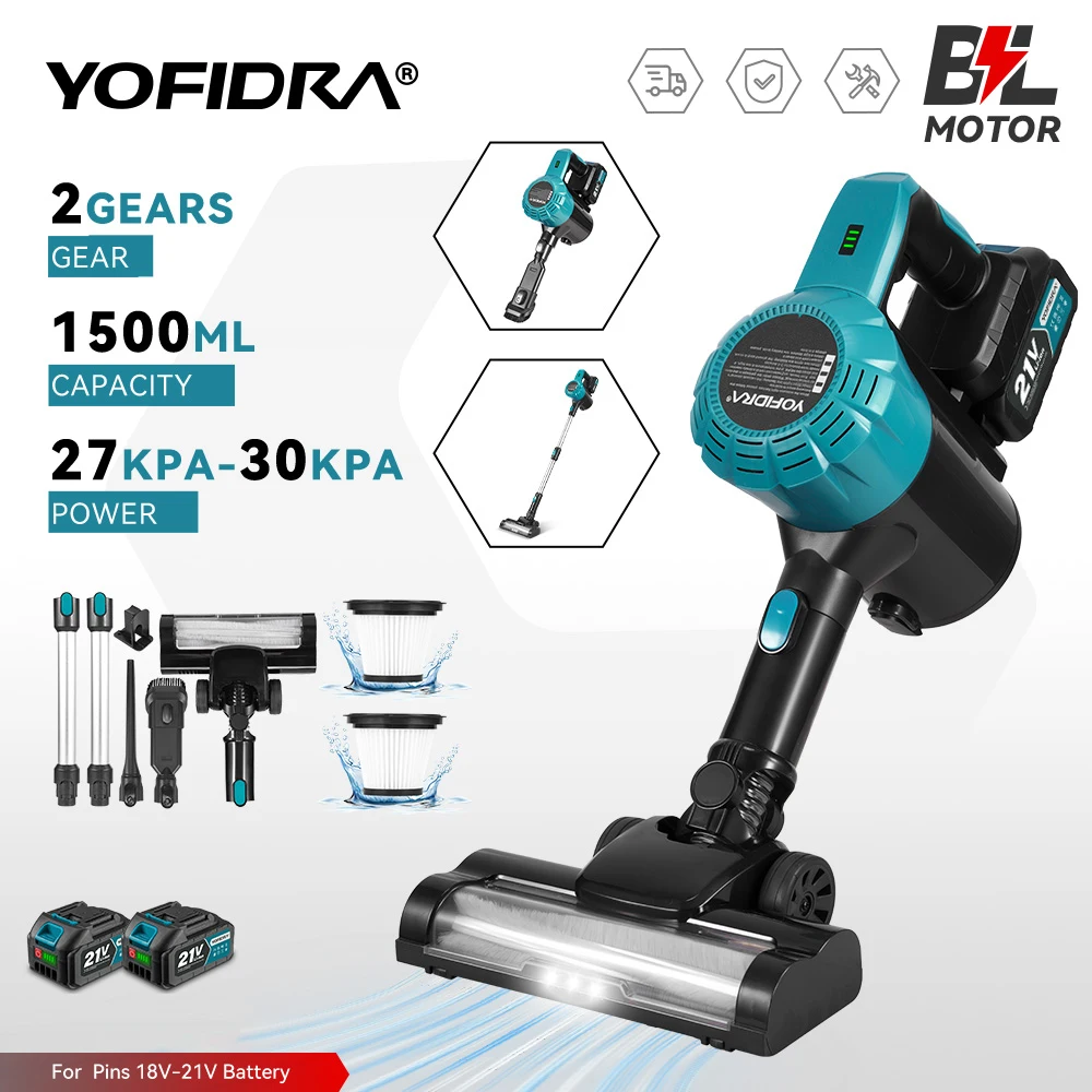 YOFIDRA 1800W Bürstenloser Staubsauger 30KPa 1,5L Tragbarer Leistungsstarker Sauger Haushaltsreinigungsgeräte für Makita 21V Akku