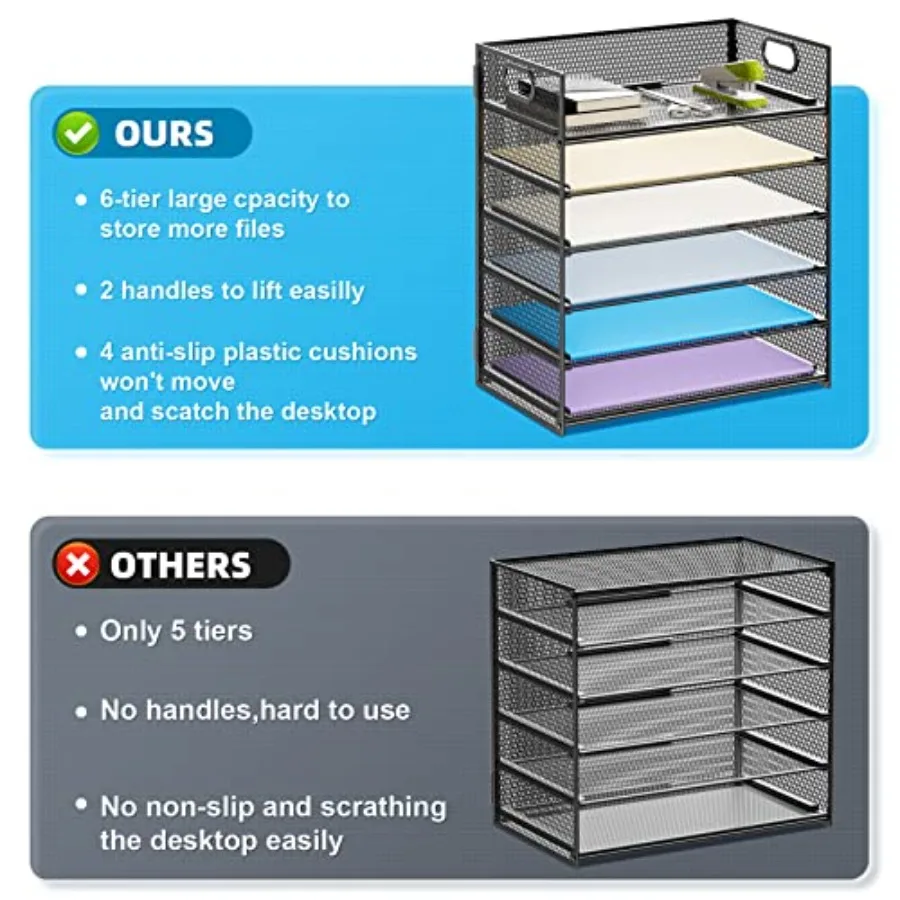 6 Tier Paper Organizer Letter Tray - Mesh Desk File Organizer with Handle, Paper Sorter Organizer for Letter/A4 Office File Fol